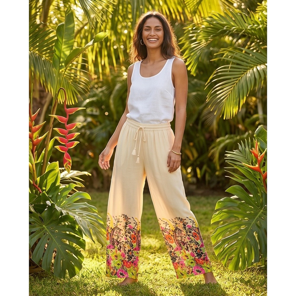 My Choice‎ M Floral Rayon Pants Wide Leg Lounge Bohemian One Yellow NEW